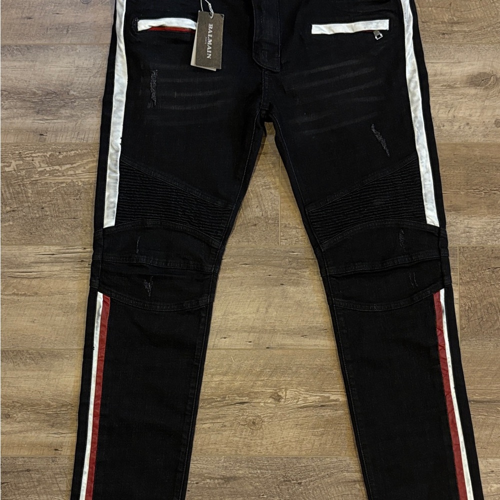 Balmain Men's Skinny Jeans - Black with White & Red Side Stripes - Picture 3 of 7